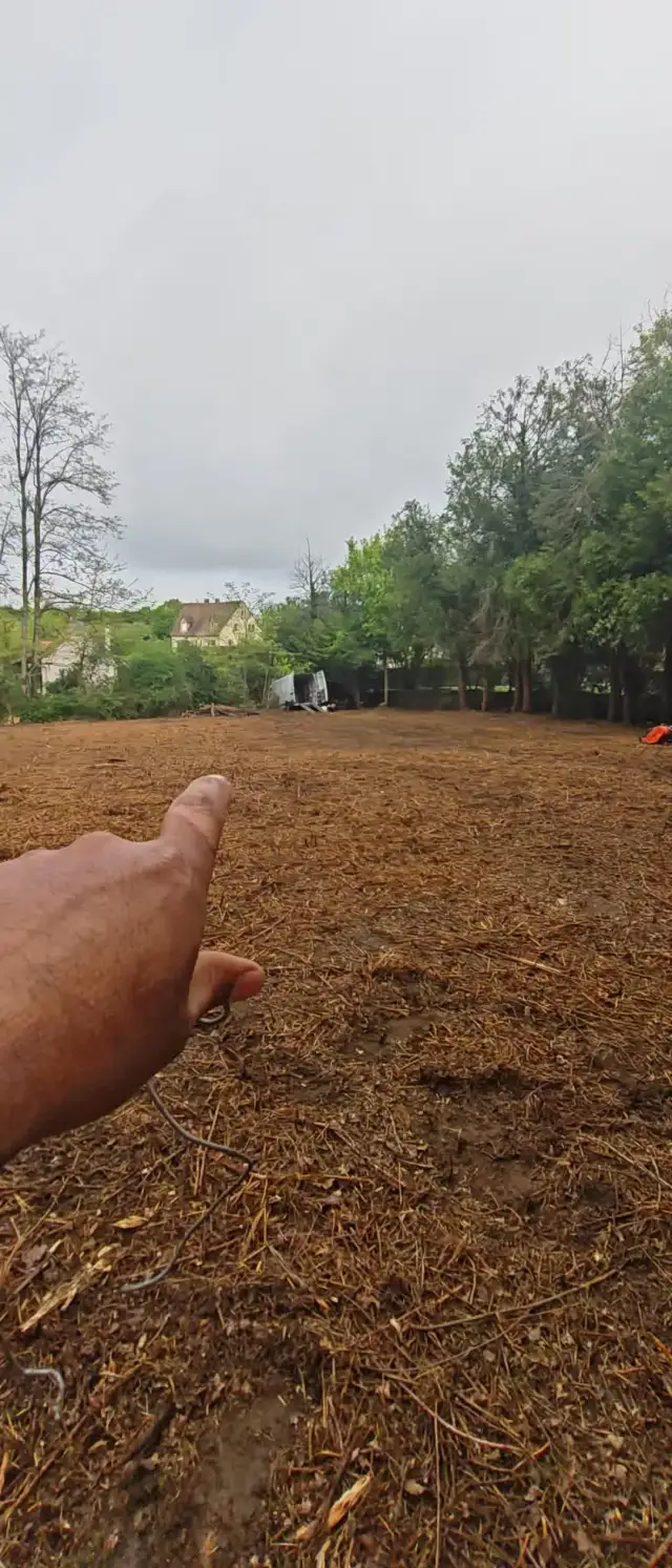 La parcelle de Rouillon rendue à son propriétaire après le débroussaillage, montrée du doigt sur la vidéo de fin de chantier